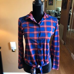 Plaid front tie shirt with lace back.